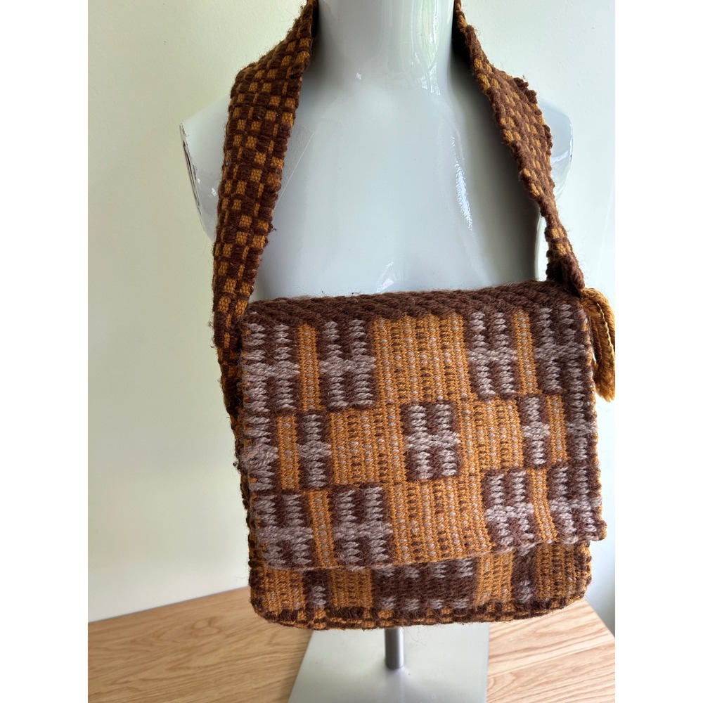 VTG Super Groovy Modern 1970's Hippie Tote Purse Bag Woven Rust/Brown/Tan Colors